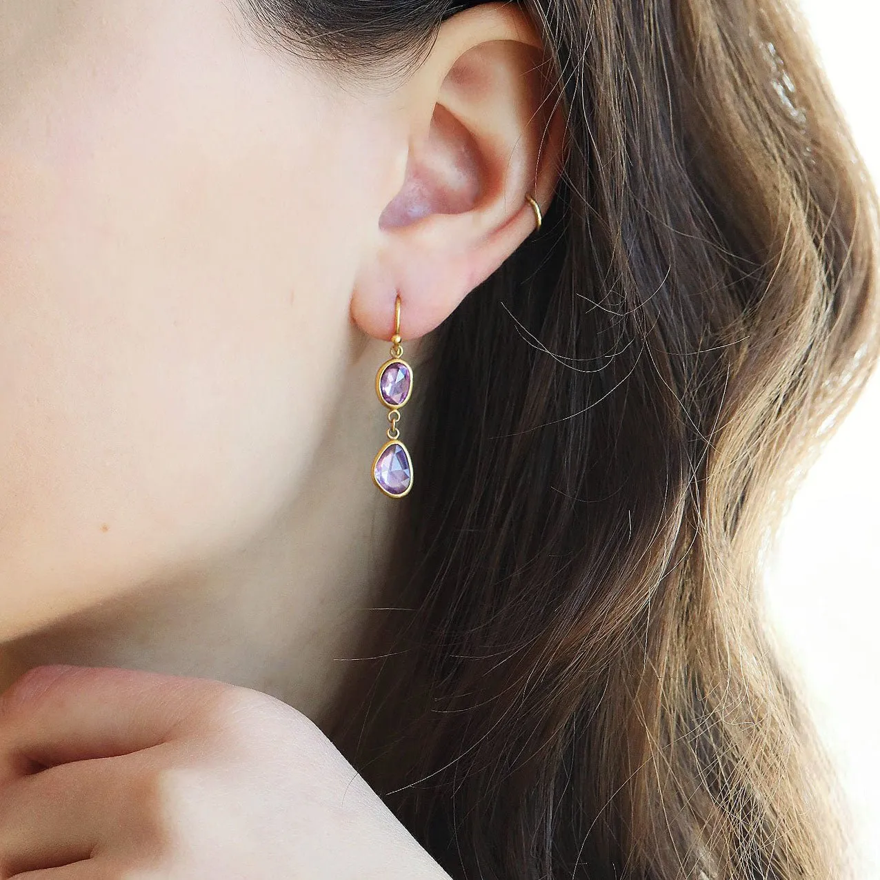 Gold and Pink/Purple Sapphire Earrings