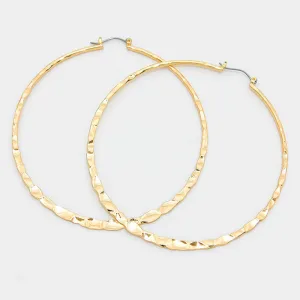Gold Metal Hoop Pin Catch Textured Earrings | 3.25" | 312014