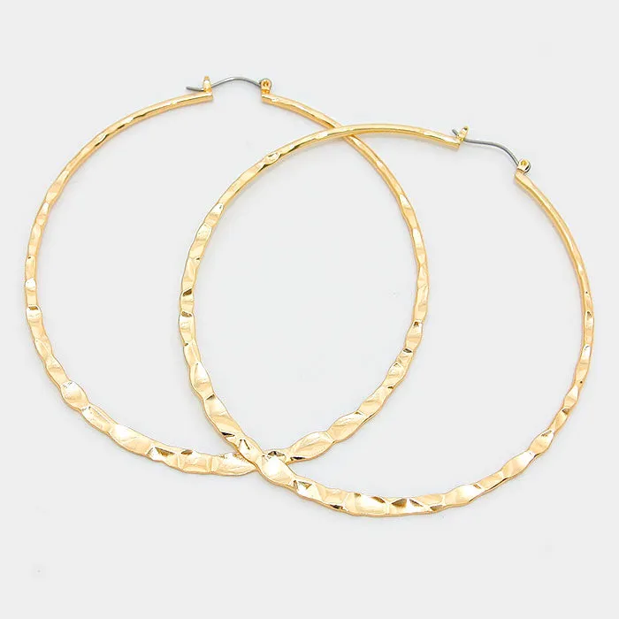 Gold Metal Hoop Pin Catch Textured Earrings | 3.25" | 312014