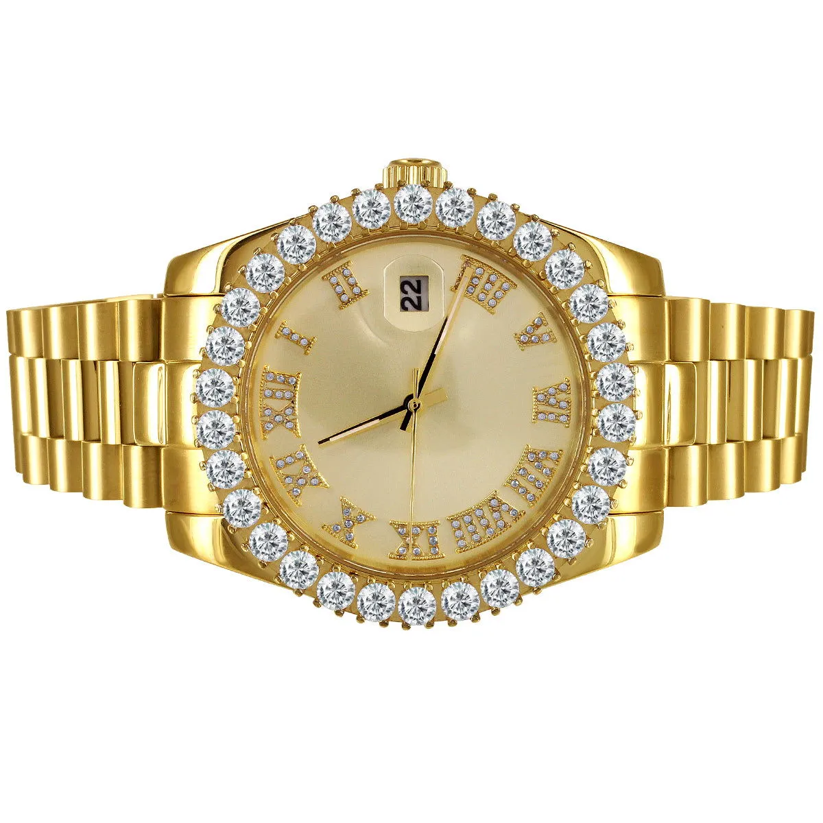 Gold Tone Icy Roman Dial Solitaire Bezel Stainless Steel Watch
