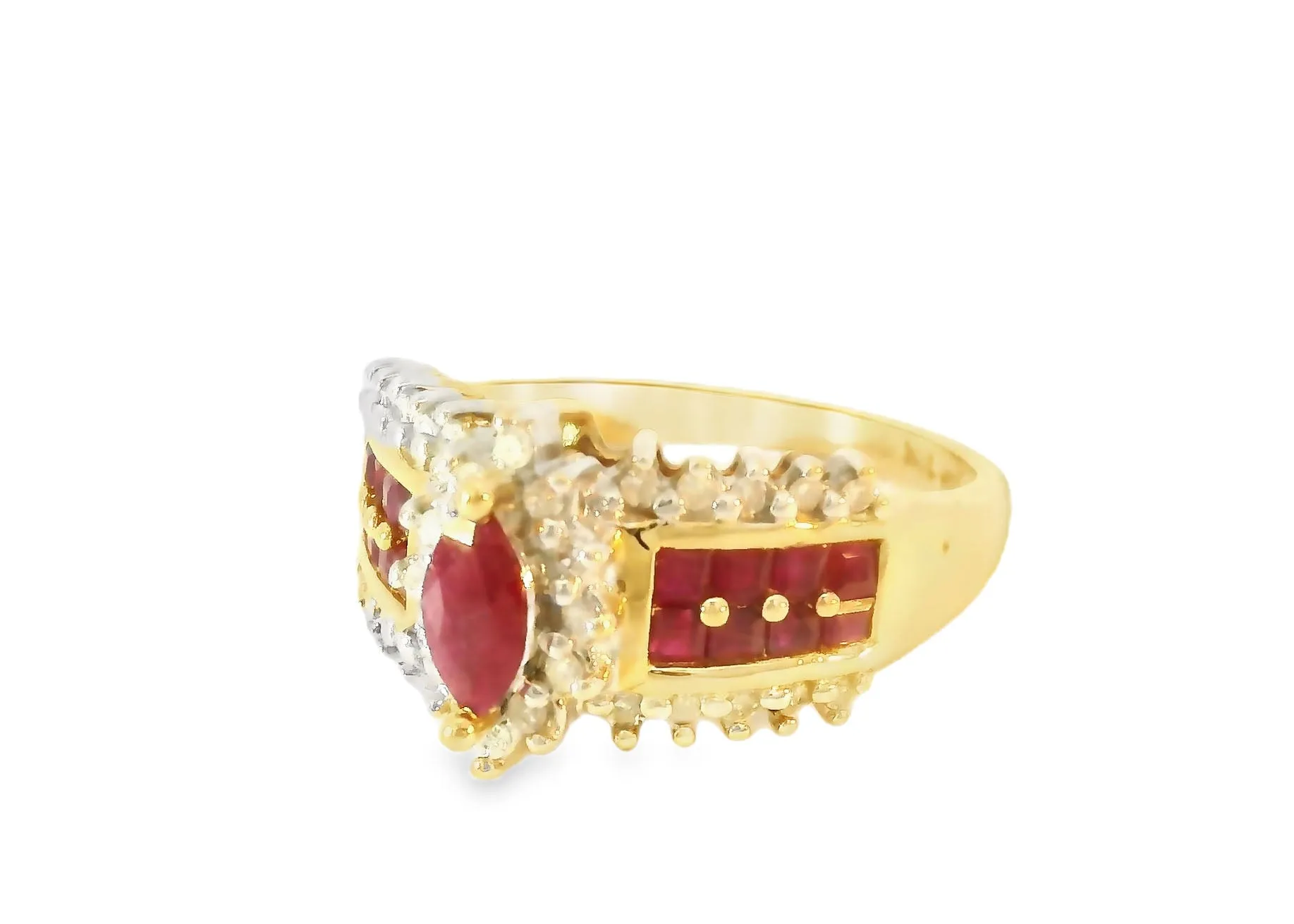 Gorgeous Estate 14K Yellow Gold Diamond Ruby Marquise Band Ring