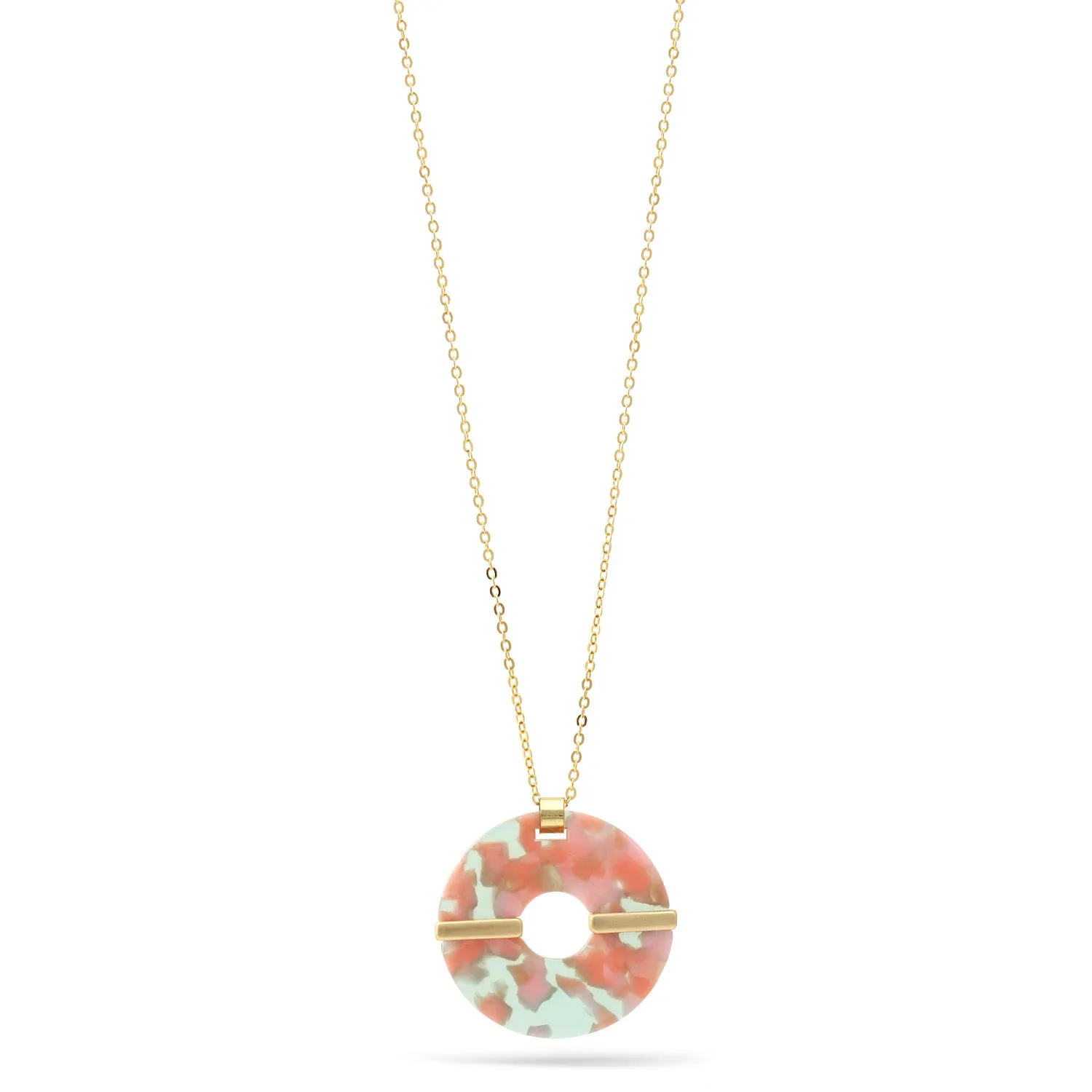 GREEN AND PINK ACETATE RESIN ROUND GOLD PENDANT NECKLACE #SWKK-11611MLT (RB17)