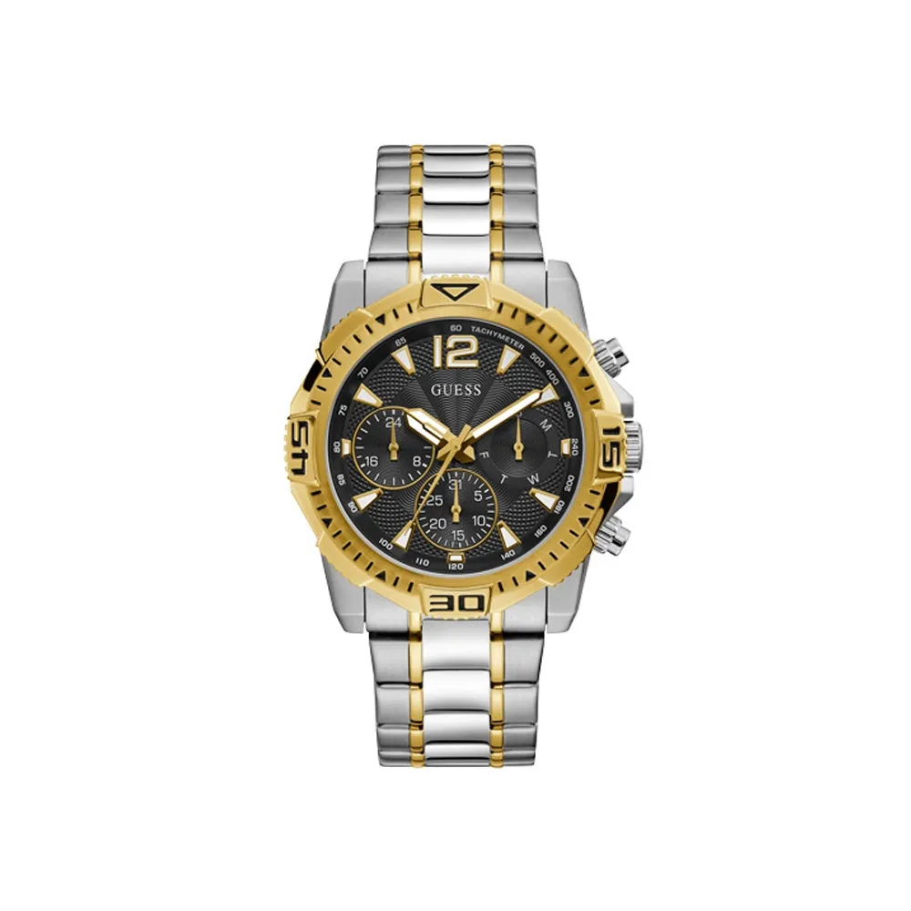 Guess Men's Tachymeter Watch Two Tone Yellow Gold/Silver Plated Case & Bracelet With Sun Black Dial