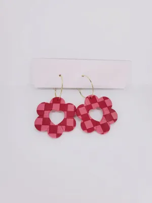 Handmade Flower & Heart Cutout Textured Checkerboard Hoop Clay Earrings