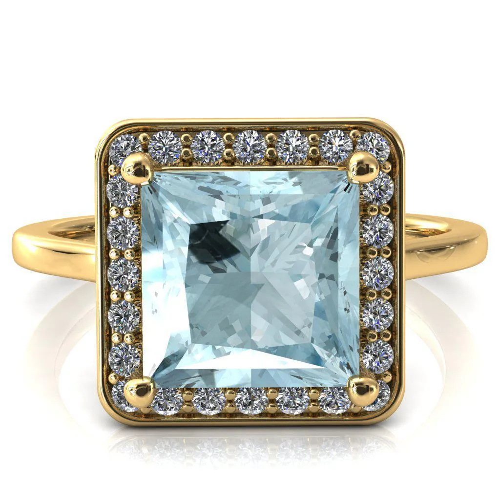 Holly Princess Aqua Blue Spinel 4 Prong Pinpoint Floating Halo Scalloped Cathedral Ring