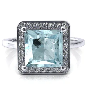 Holly Princess Aqua Blue Spinel 4 Prong Pinpoint Floating Halo Scalloped Cathedral Ring