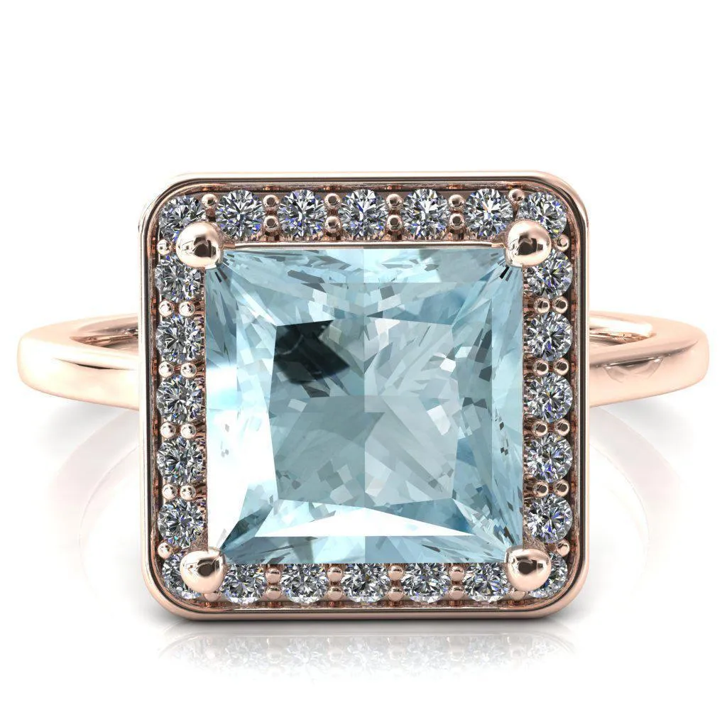 Holly Princess Aqua Blue Spinel 4 Prong Pinpoint Floating Halo Scalloped Cathedral Ring