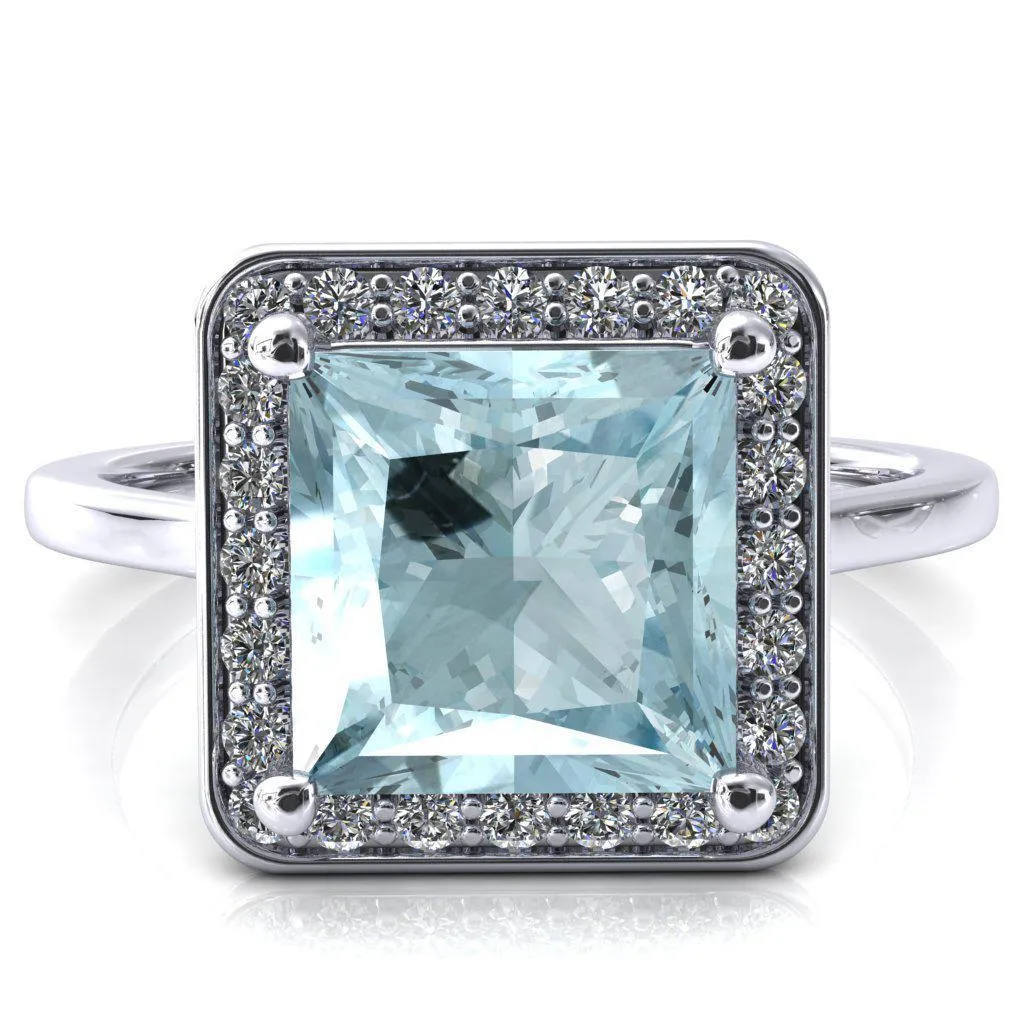 Holly Princess Aqua Blue Spinel 4 Prong Pinpoint Floating Halo Scalloped Cathedral Ring