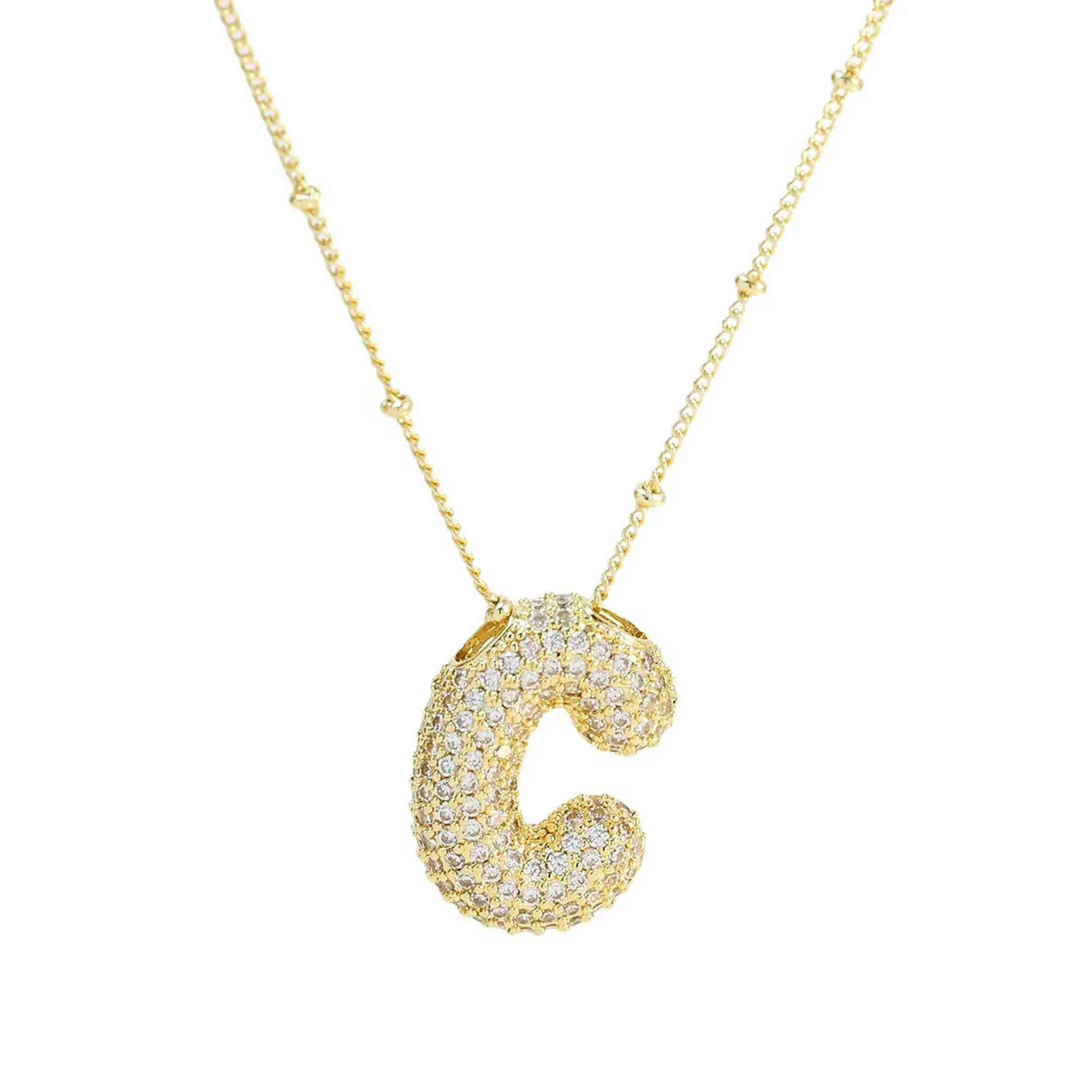 Initial CZ Balloon Bubble 18K Gold Necklace: C