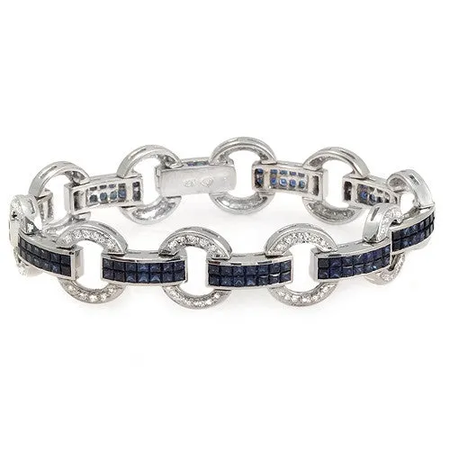 Interlocking Rings of Blue Sapphire And Diamond Bracelet, 18k White Gold