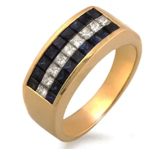 Invisible Set Blue Sapphire And Diamond Men's Ring, 18k Yellow Gold