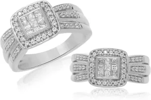 JewelMore 10K 1/2CTTW with Cushion Hola Princess & Round Diamond Ring White Gold or Yellow Gold