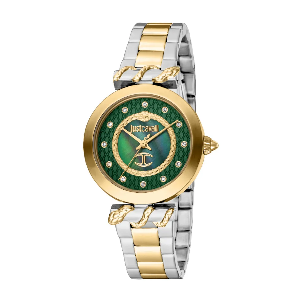 Just Cavalli Women's Watch - Gold Color Case, Dark Green MOP Dial, Two Tone Silver & Gold Color Metal Bracelet