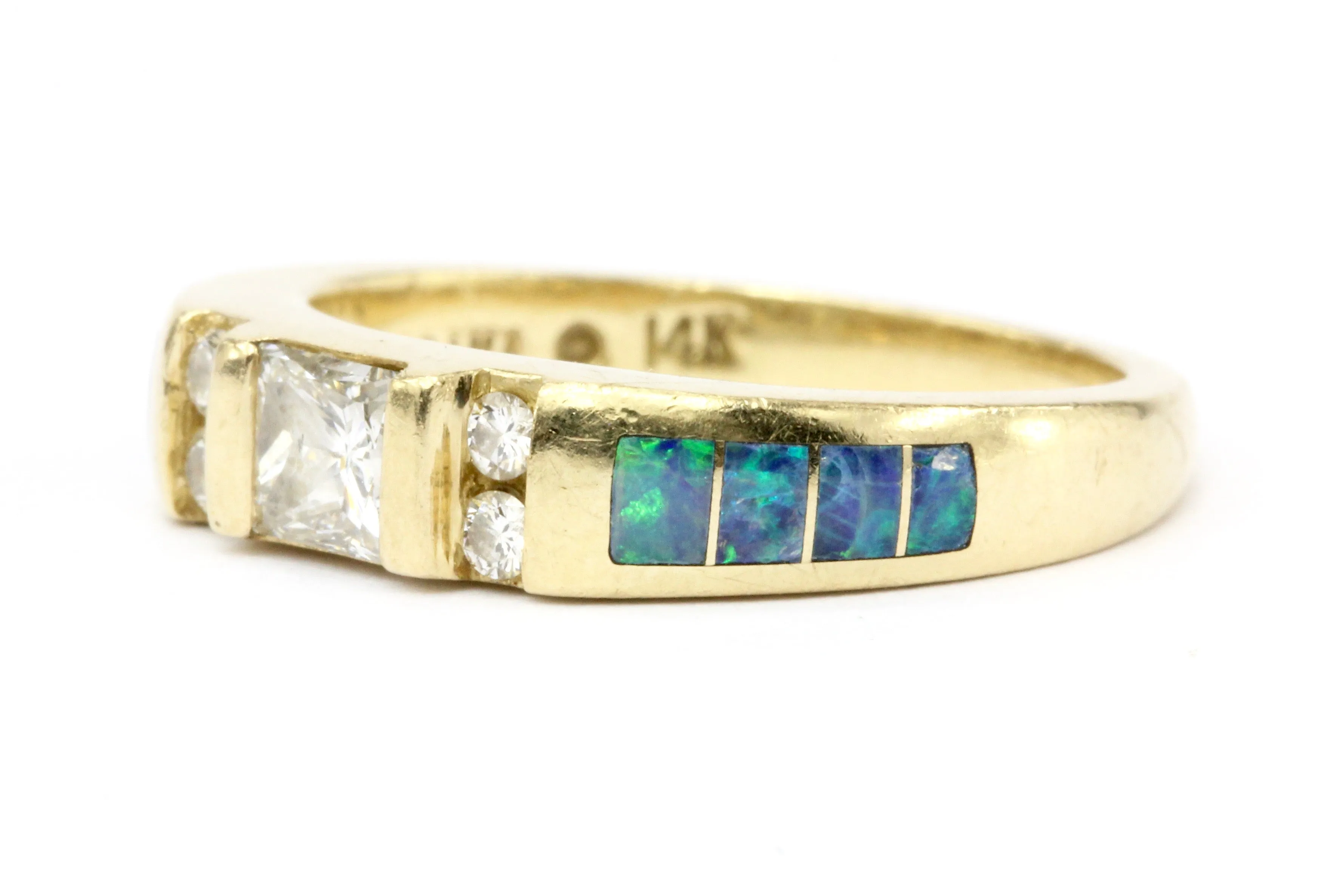 Kabana 14K Gold Princess Cut Diamond & Opal Inlaid Ring Band