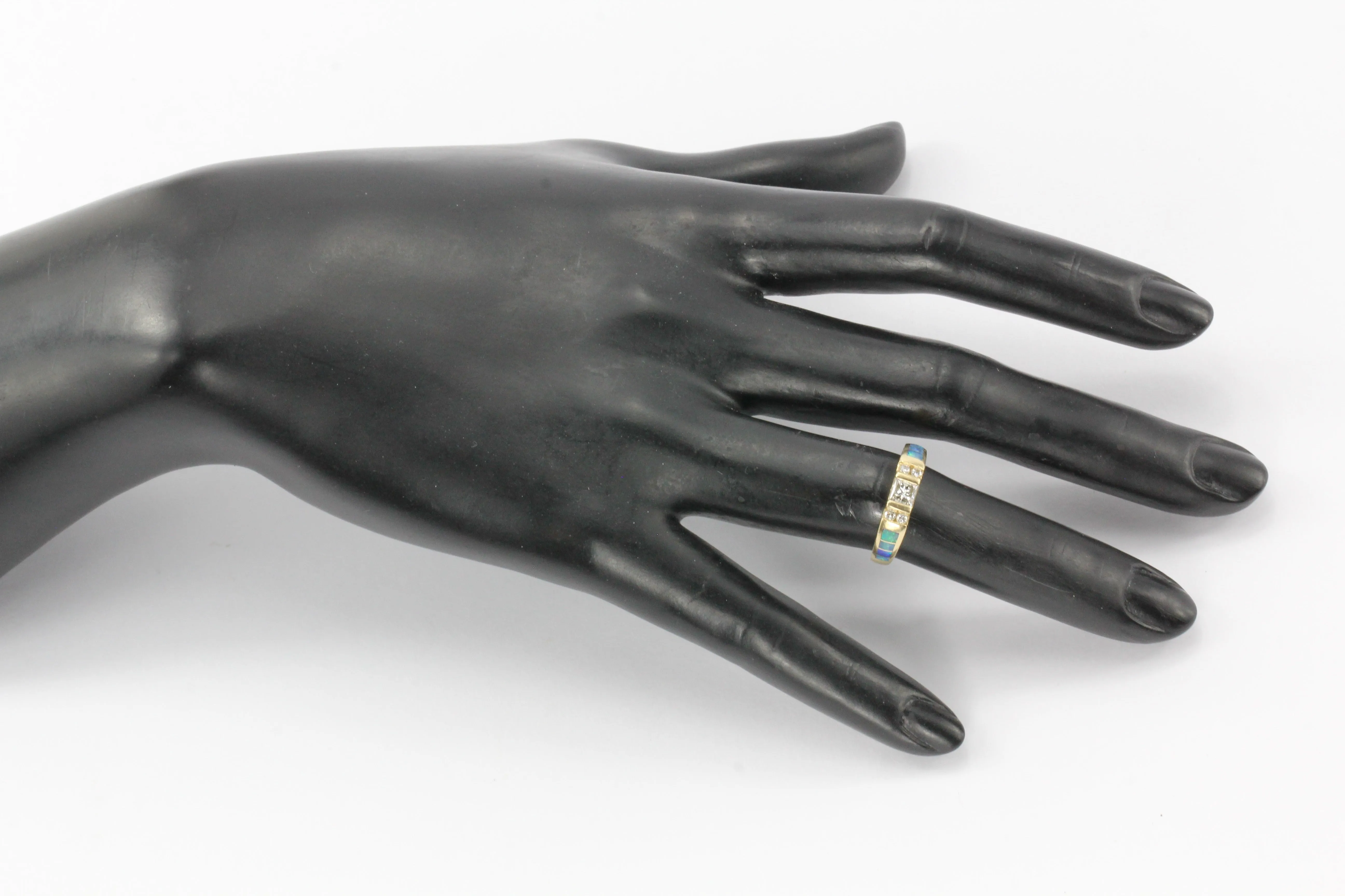 Kabana 14K Gold Princess Cut Diamond & Opal Inlaid Ring Band
