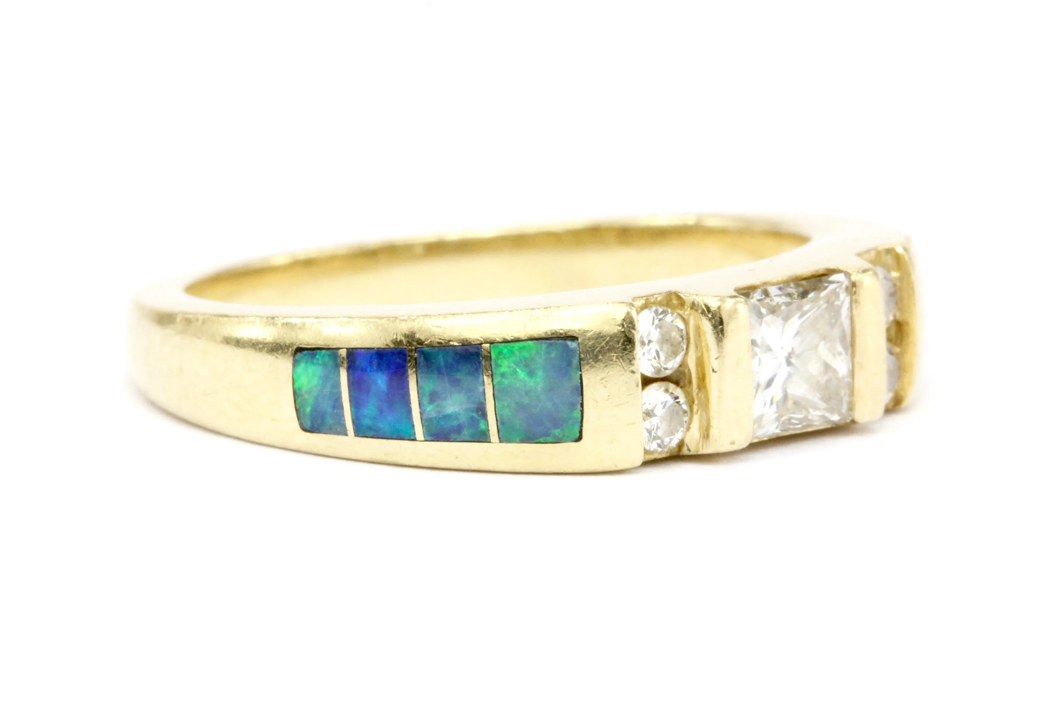 Kabana 14K Gold Princess Cut Diamond & Opal Inlaid Ring Band