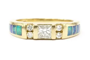 Kabana 14K Gold Princess Cut Diamond & Opal Inlaid Ring Band