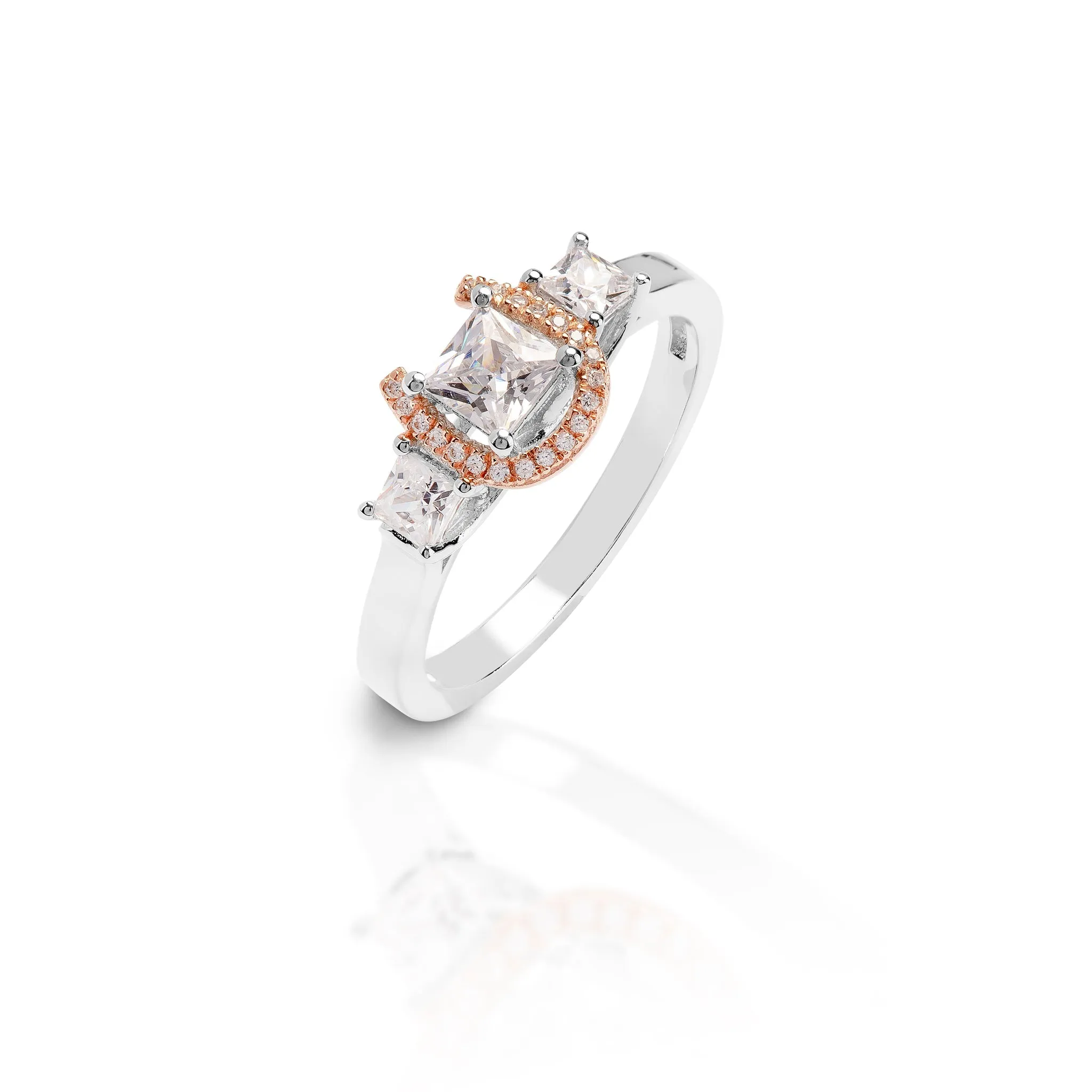 Kelly Herd Small Princess Cut Three Stone Horseshoe Ring with Rose Gold Plated Horseshoe - Sterling Silver