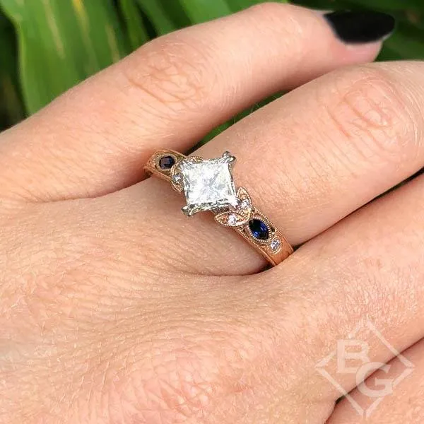 Kirk Kara "Dahlia" Compass Set Princess Cut Blue Sapphire Diamond Engagement Ring