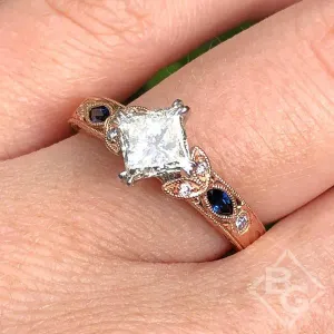 Kirk Kara "Dahlia" Compass Set Princess Cut Blue Sapphire Diamond Engagement Ring