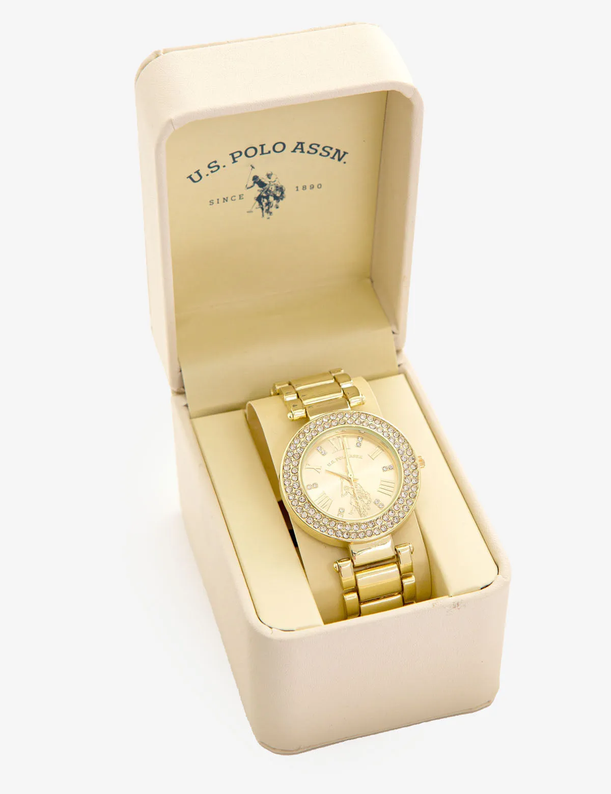 LADIES GOLDTONE WATCH WITH CRYSTAL ENCRUSTED BEZEL