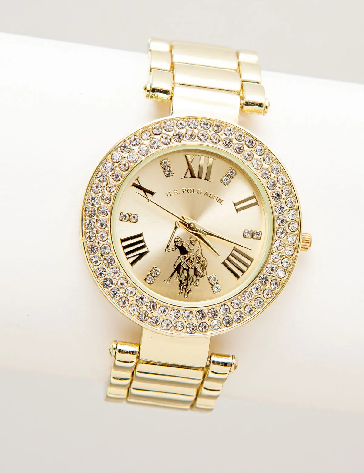 LADIES GOLDTONE WATCH WITH CRYSTAL ENCRUSTED BEZEL