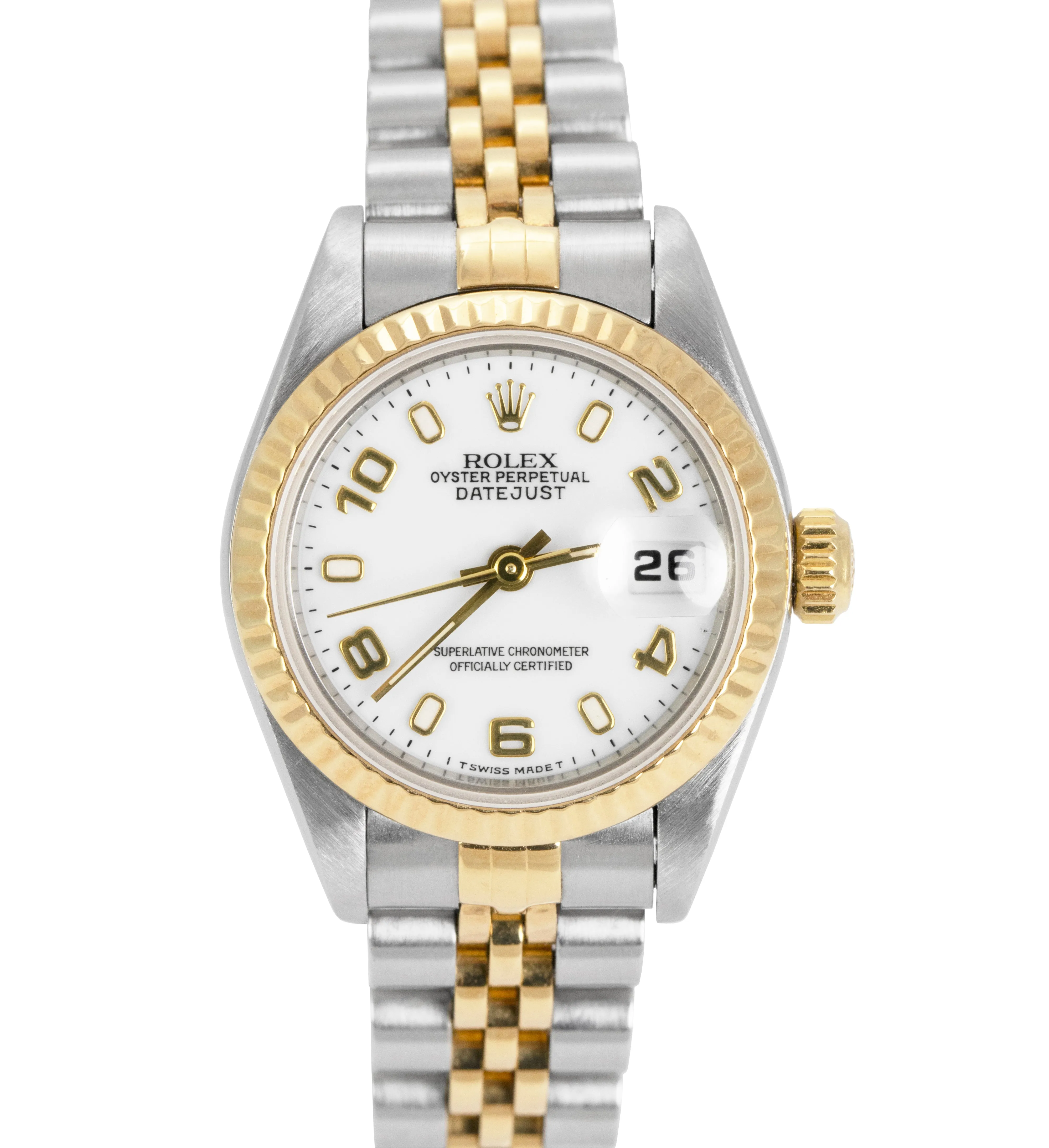 Ladies Rolex DateJust 26mm White Two-Tone Gold NO-HOLES Jubilee Watch 69173