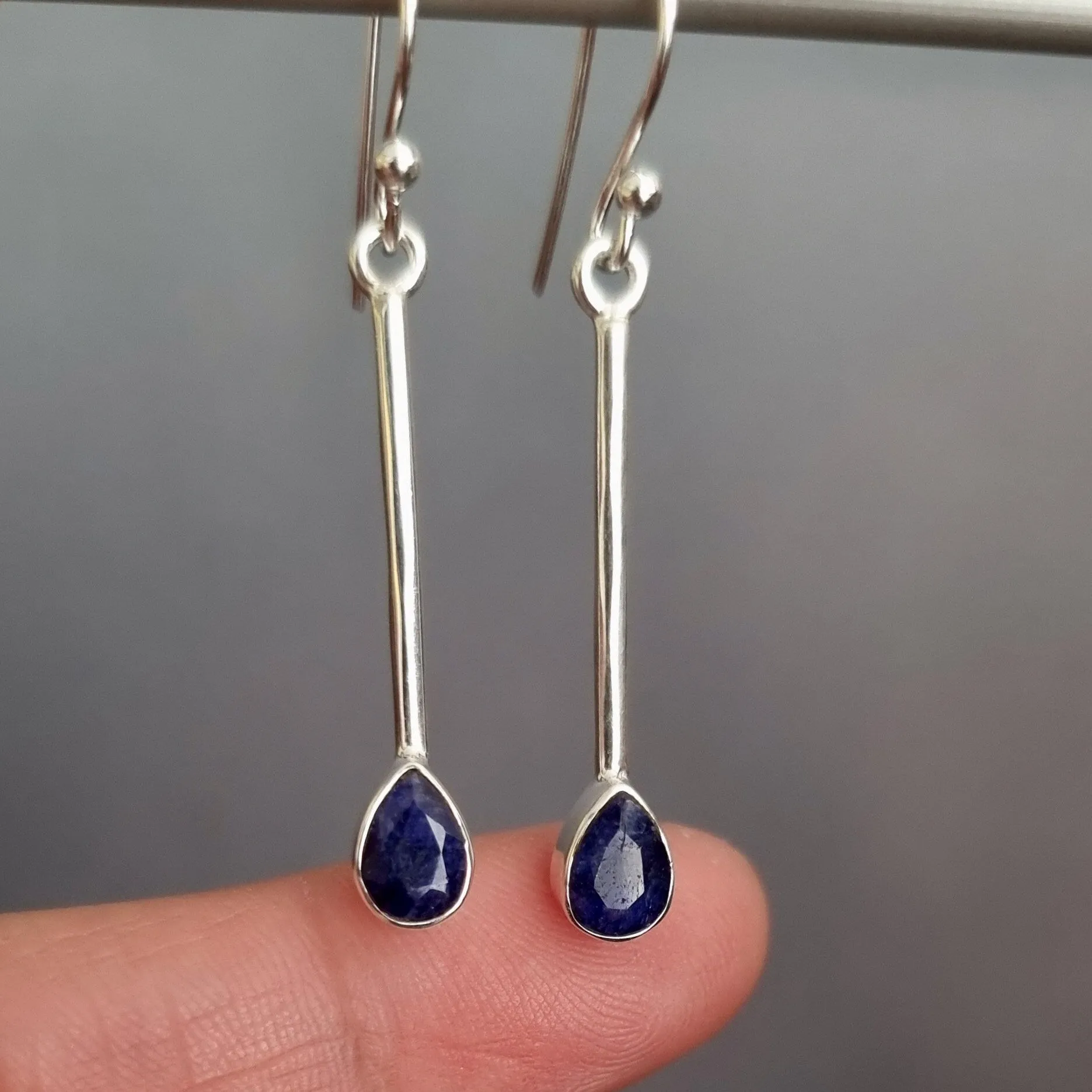 Long Sapphire Teadrop 925 Silver Drop Earrings, E15S