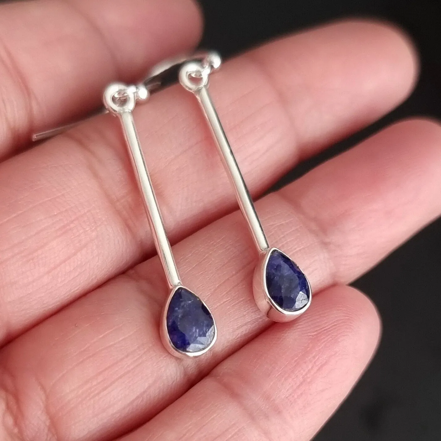 Long Sapphire Teadrop 925 Silver Drop Earrings, E15S