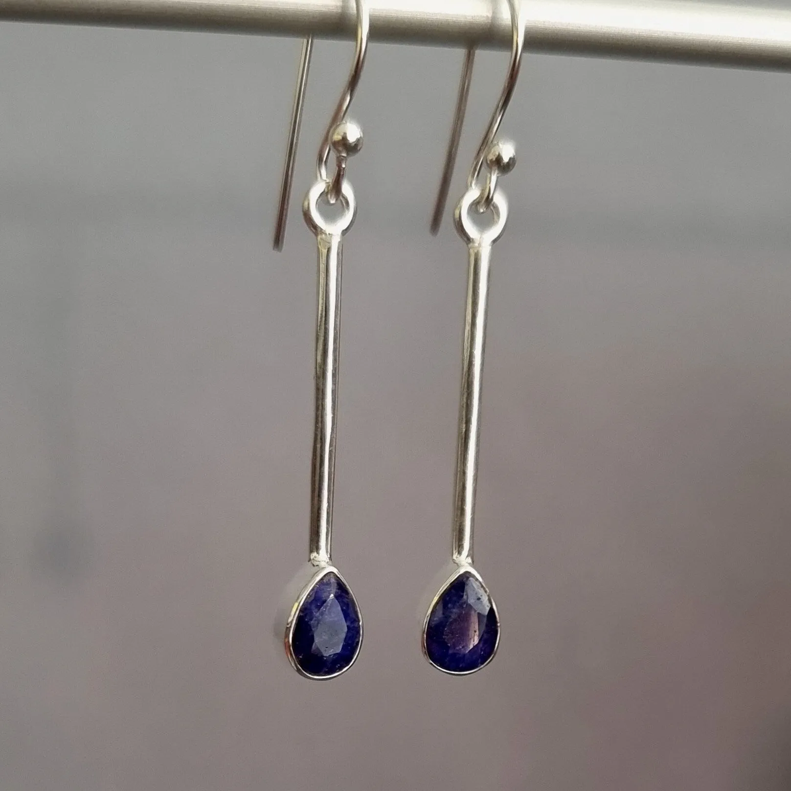 Long Sapphire Teadrop 925 Silver Drop Earrings, E15S