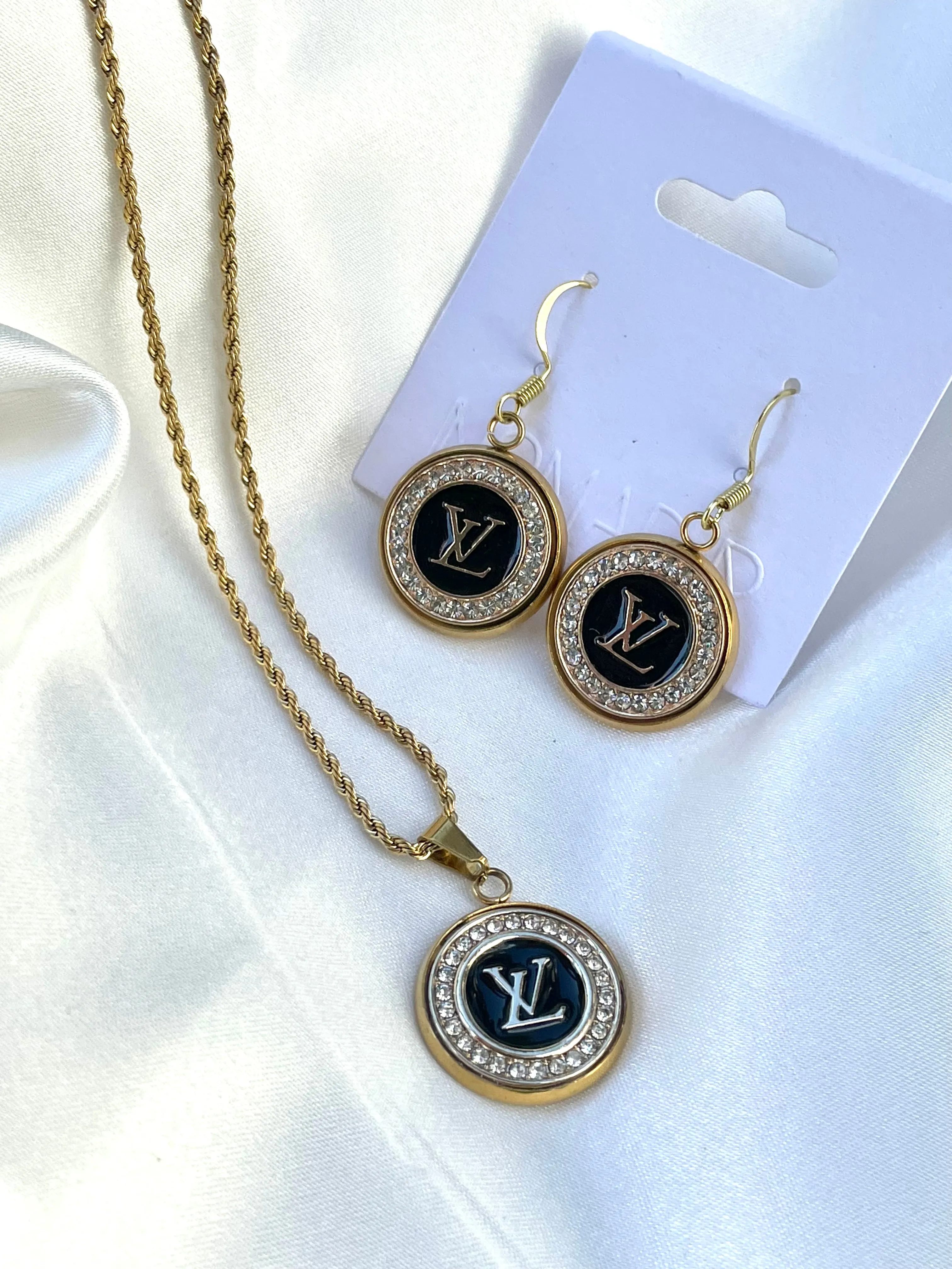 LV Swarovski Crystal Halo Drop Earrings- BLACK