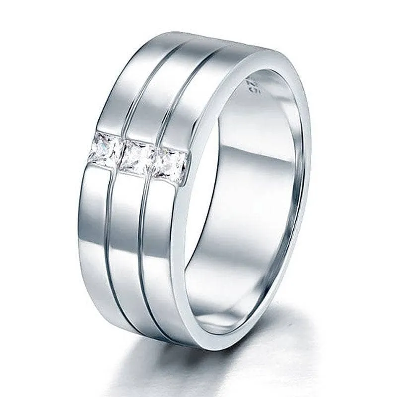 Men's Silver Ring with Three Princess-Cut Diamonds