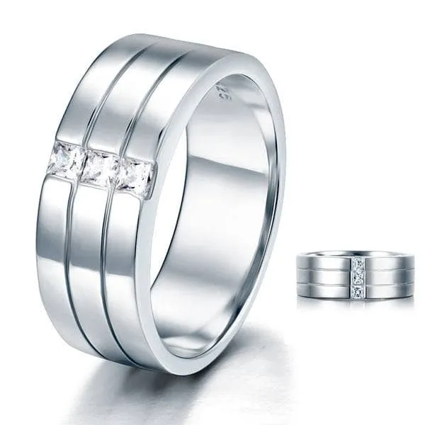 Men's Silver Ring with Three Princess-Cut Diamonds