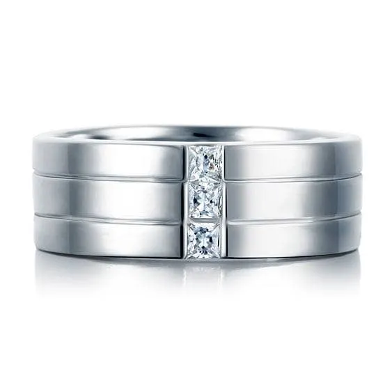 Men's Silver Ring with Three Princess-Cut Diamonds