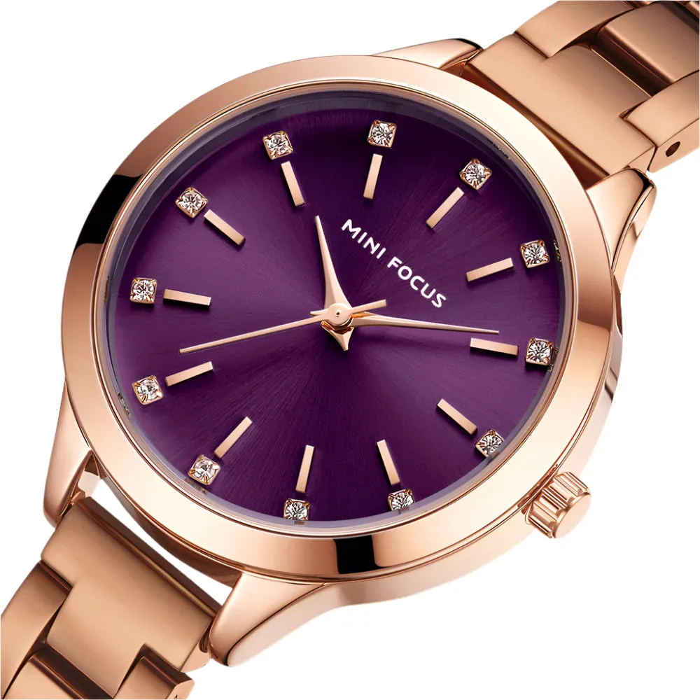 Mini Focus Rose Gold Stainless Steel Purple Dial Quartz Watch for Ladies - MF0367L-05