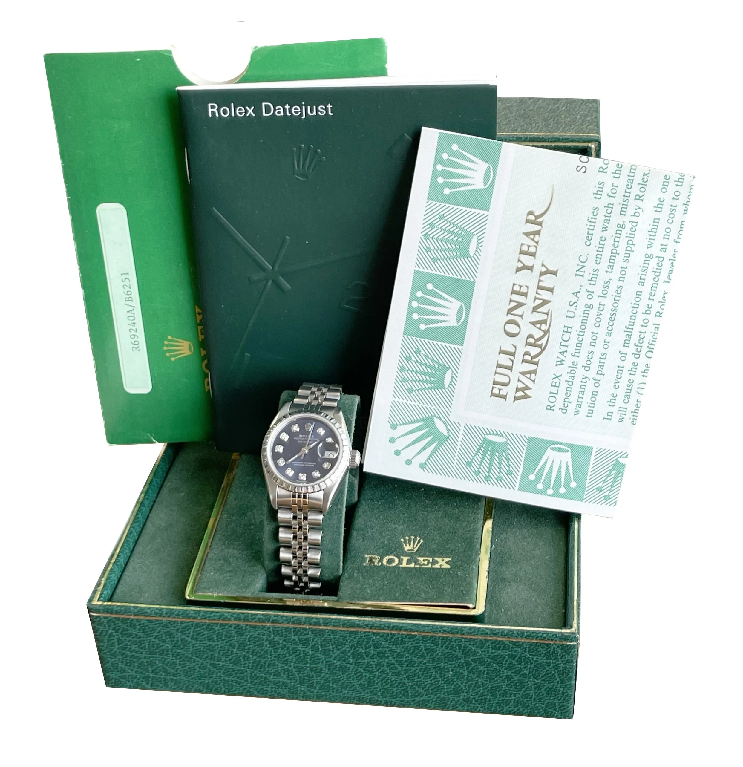 MINT PAPERS Rolex Oyster Perpetual Date BLUE DIAMOND 26 Jubilee Watch 69240 BOX