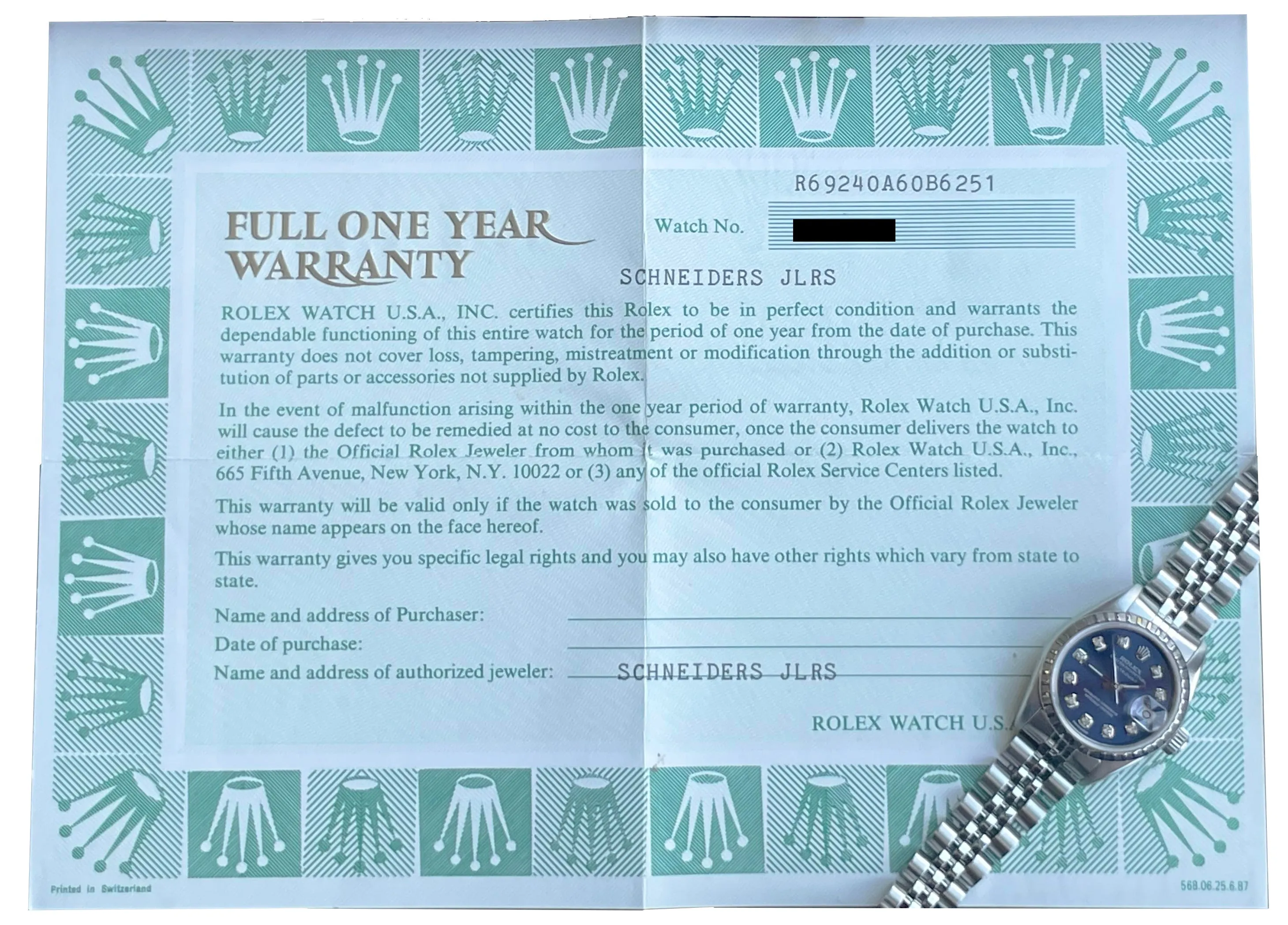 MINT PAPERS Rolex Oyster Perpetual Date BLUE DIAMOND 26 Jubilee Watch 69240 BOX