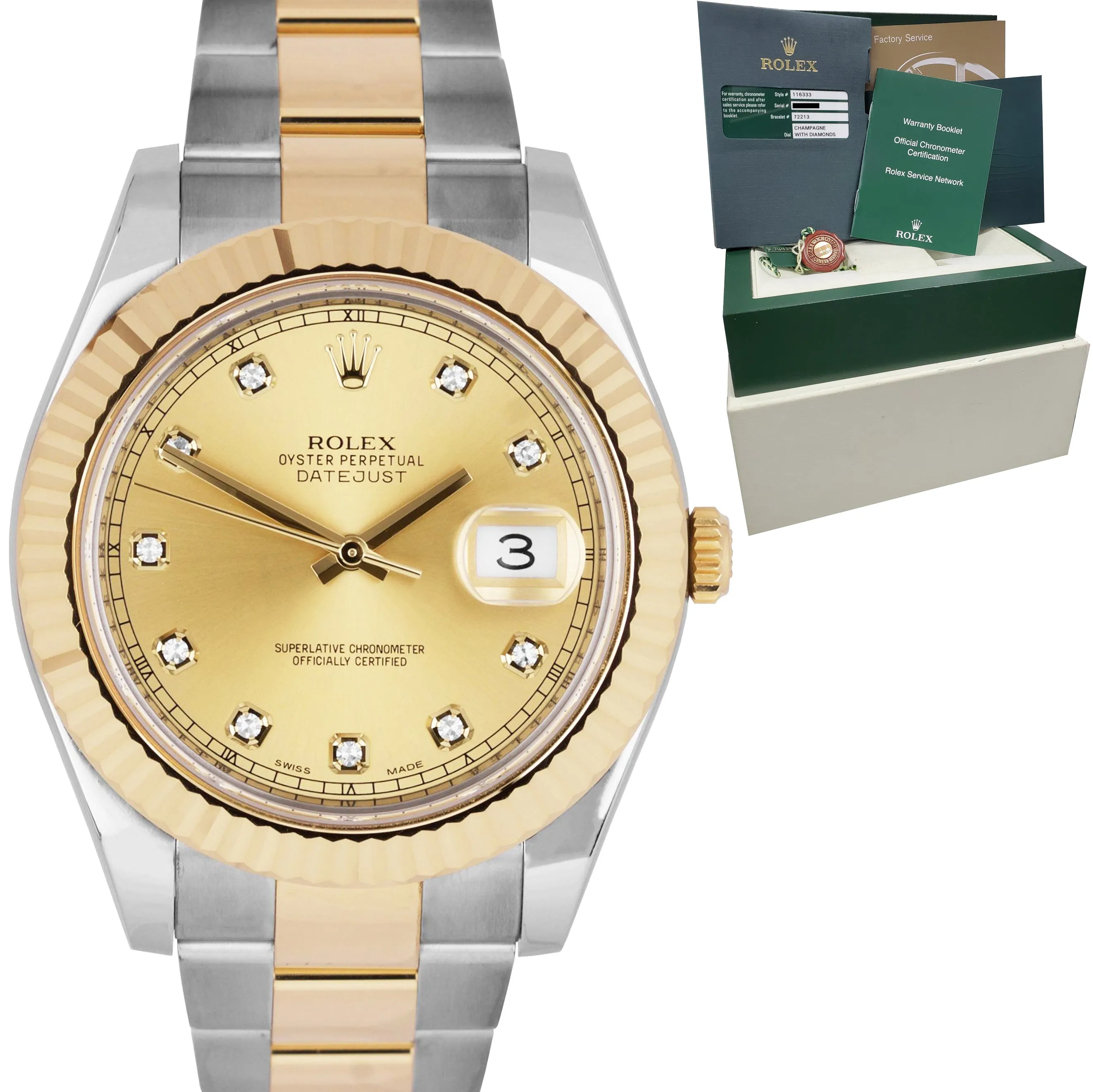 MINT Rolex Datejust II 2 Diamond Champagne 18K Two-Tone Gold 41mm Watch 116333
