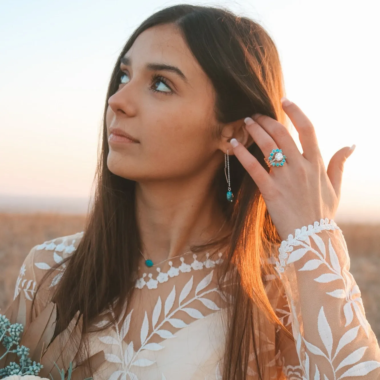 'Mira' Moissanite Engagement   Turquoise Wedding Ring Set // Made to Order