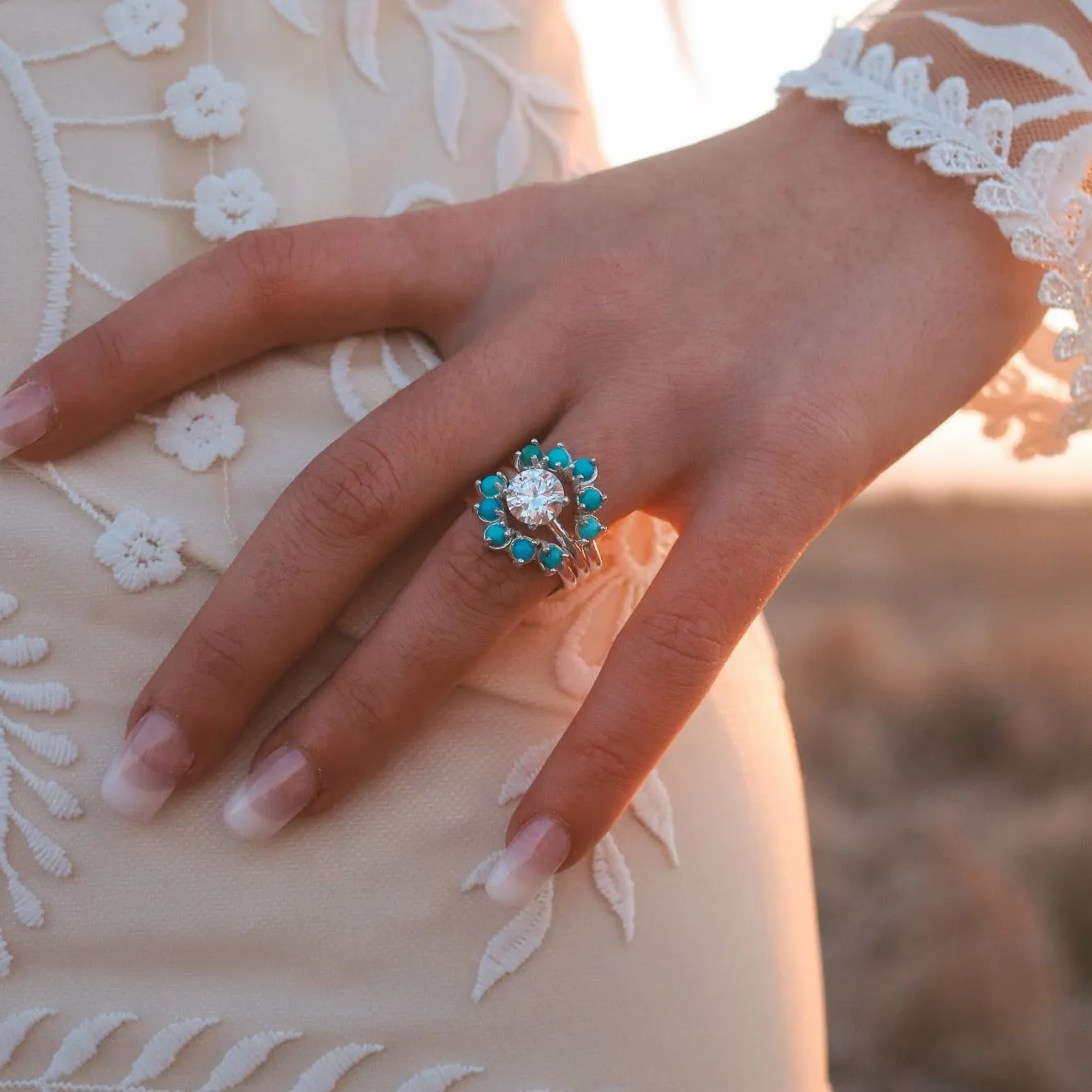 'Mira' Moissanite Engagement   Turquoise Wedding Ring Set // Made to Order