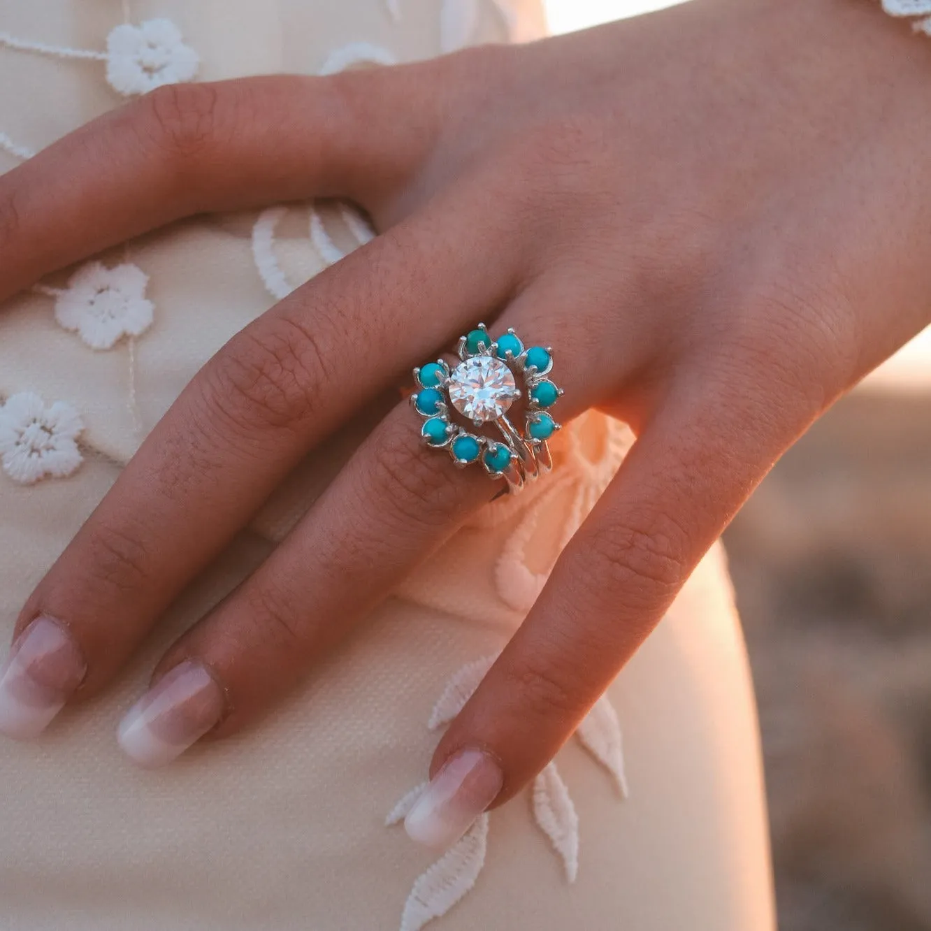 'Mira' Moissanite Engagement   Turquoise Wedding Ring Set // Made to Order
