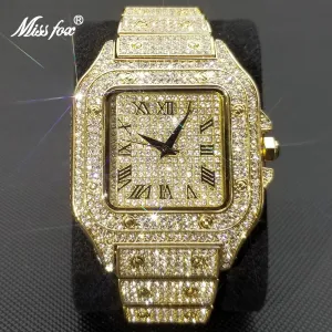 MISSFOX Hip Hop Square Watches for Men Luxury Full Diamond Iced Out