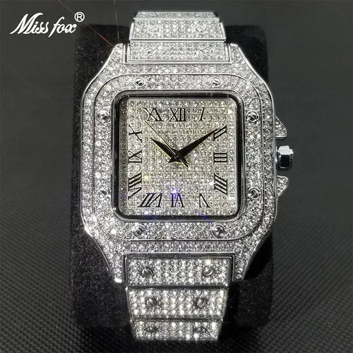MISSFOX Hip Hop Square Watches for Men Luxury Full Diamond Iced Out