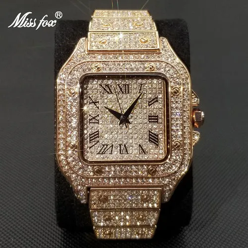 MISSFOX Hip Hop Square Watches for Men Luxury Full Diamond Iced Out