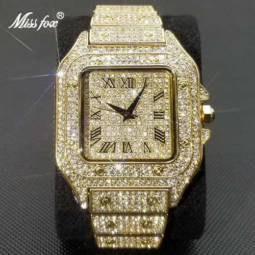 MISSFOX Hip Hop Square Watches for Men Luxury Full Diamond Iced Out