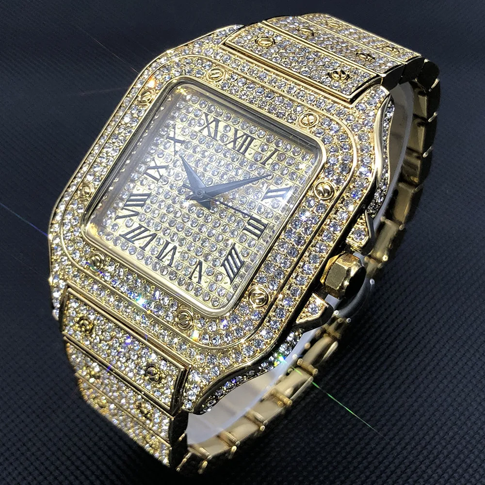 MISSFOX Hip Hop Square Watches for Men Luxury Full Diamond Iced Out