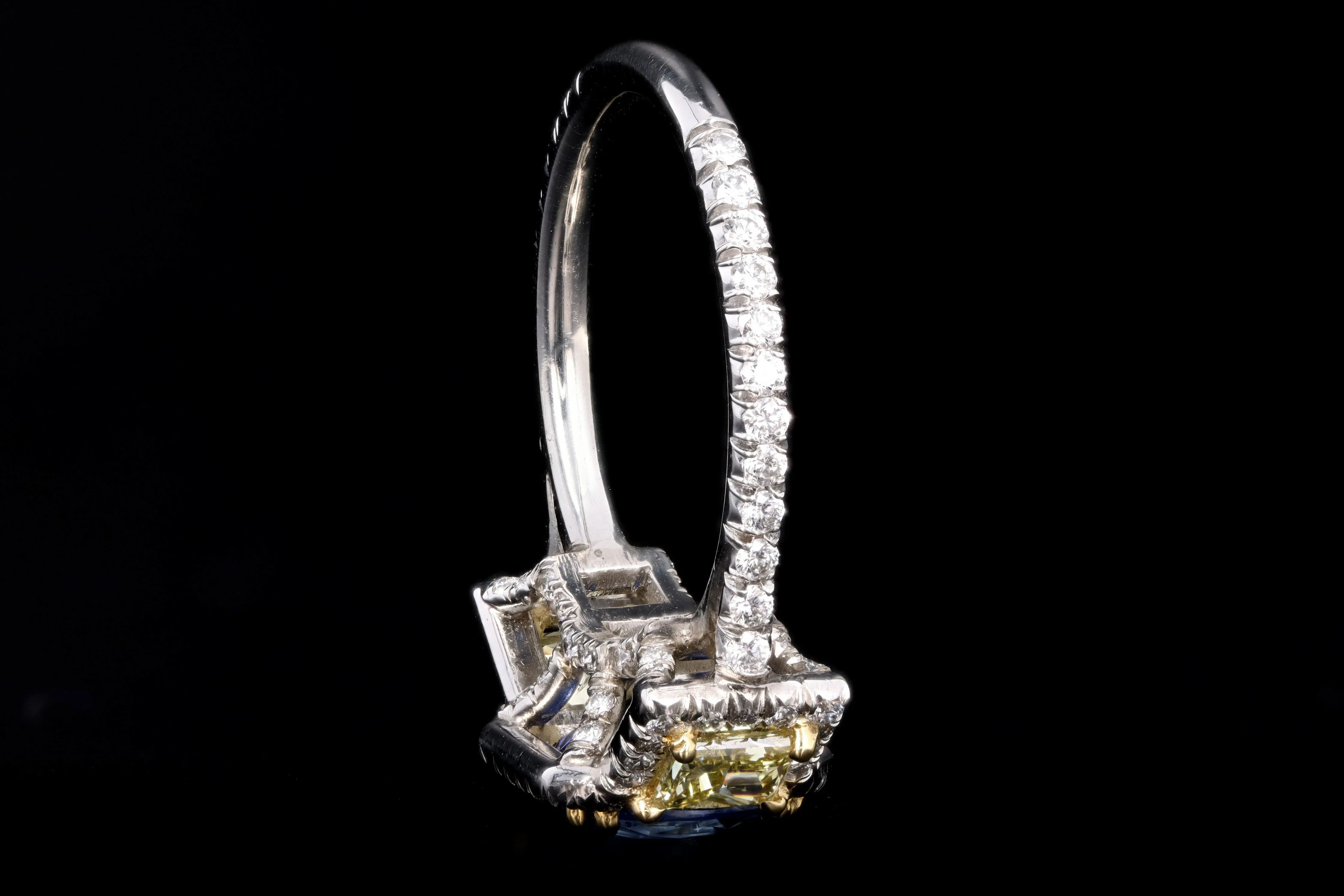 Modern Platinum 2.05 Carat Cushion Cut Sapphire & Fancy Yellow Diamond Ring