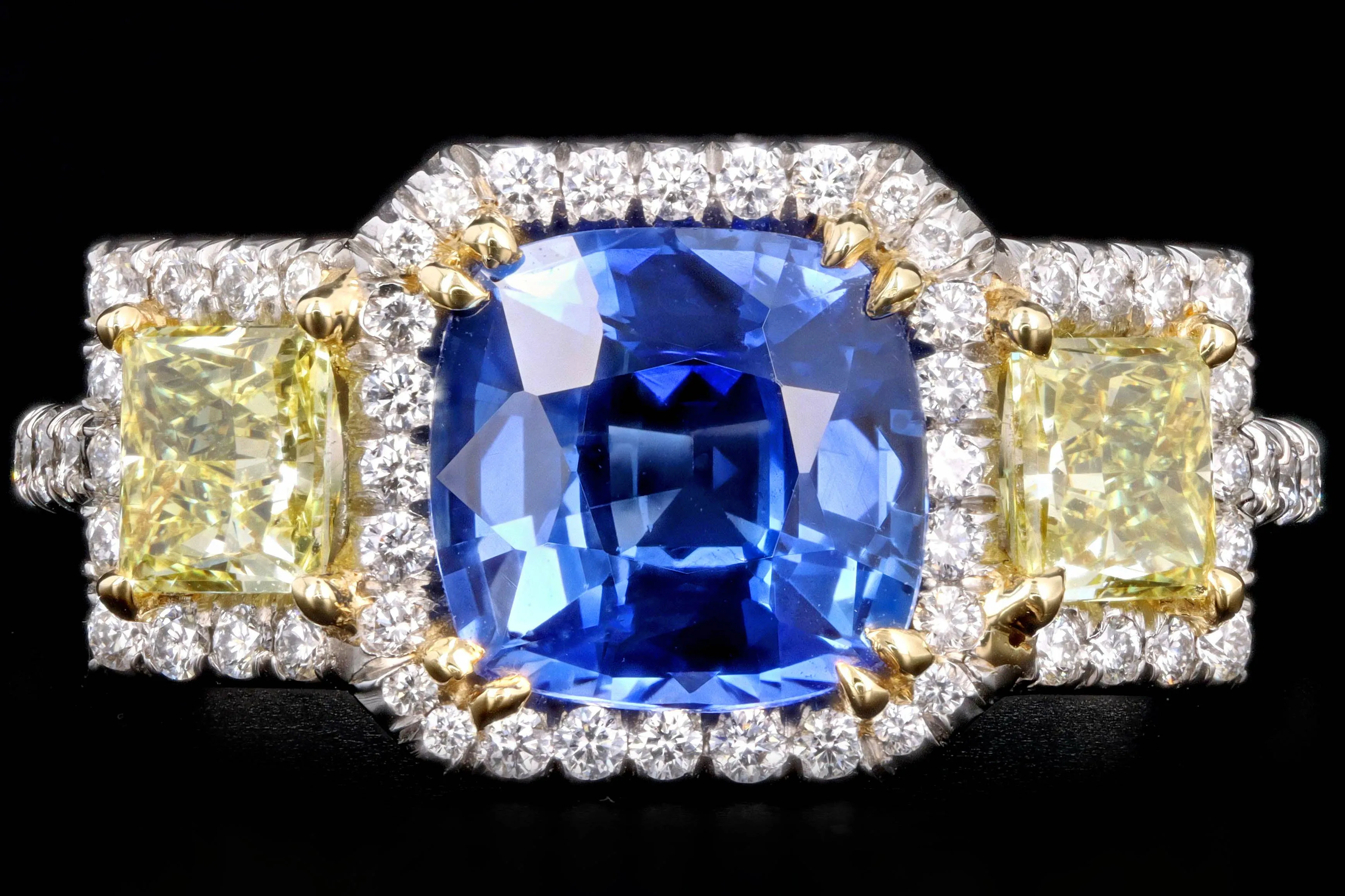 Modern Platinum 2.05 Carat Cushion Cut Sapphire & Fancy Yellow Diamond Ring