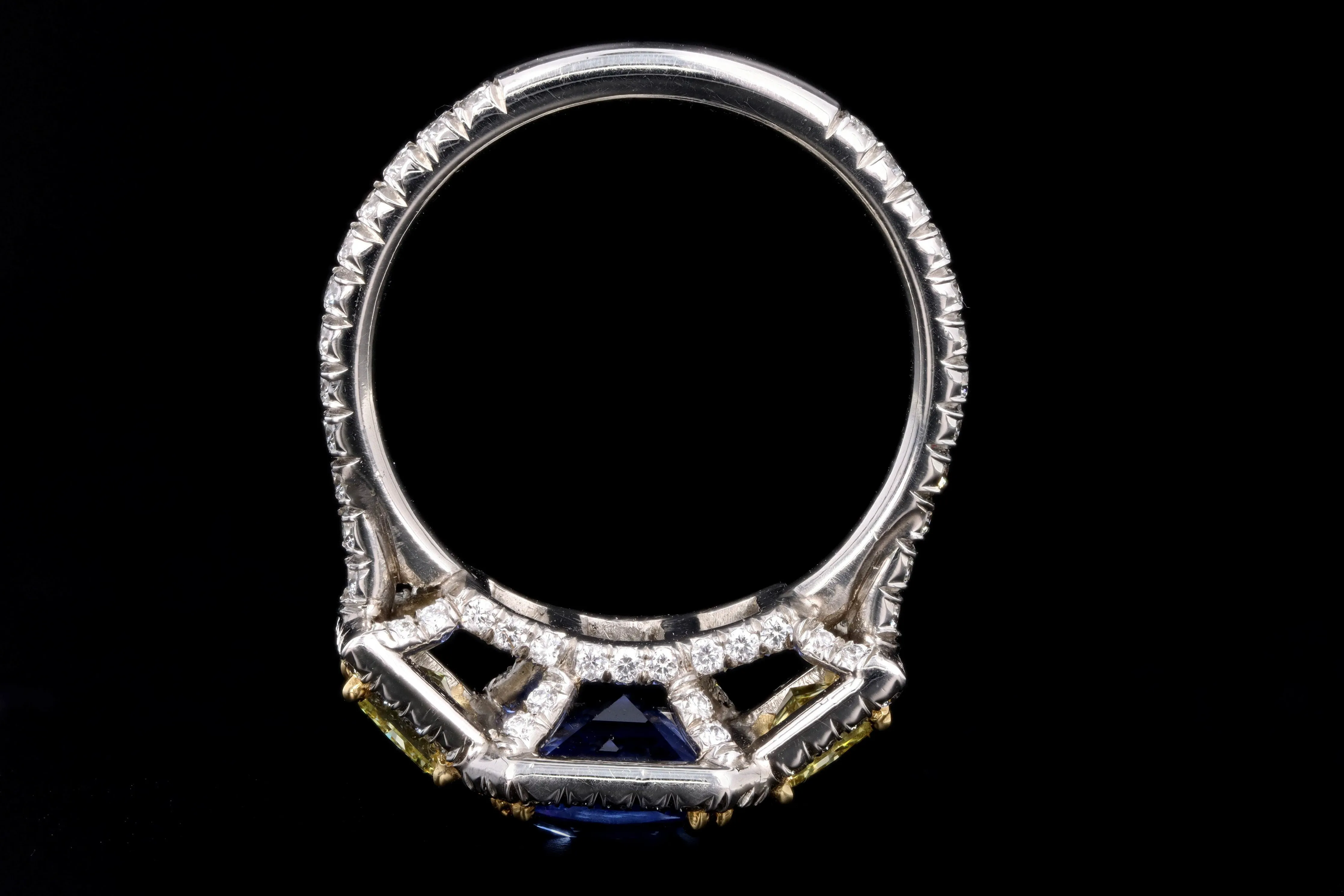 Modern Platinum 2.05 Carat Cushion Cut Sapphire & Fancy Yellow Diamond Ring