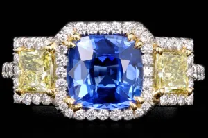 Modern Platinum 2.05 Carat Cushion Cut Sapphire & Fancy Yellow Diamond Ring
